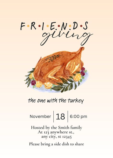 A Friendsgiving Invite: Customizable digital download invitation for your friendsgiving! Friendsgiving Entertainment Ideas, Friendsgiving Party Themes, Christian Friendsgiving Ideas, Friendsgiving Dinner Party Ideas, Friendsgiving Graphic, Friendsgiving Ideas Food, Christmas Friendsgiving, Friendsgiving Theme Ideas, Hosting Themes