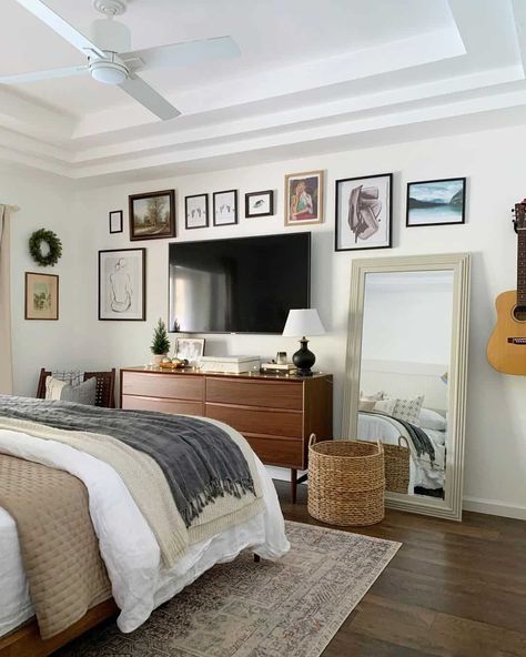 Tv Bedroom Ideas, Tv In Bedroom Ideas, Dresser Decor Bedroom, Bedroom Tv Wall, Modern Farmhouse Bedroom, Bedroom Tv, Tv In Bedroom, Tv Decor, Gallery Walls