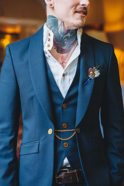 Rustic, Wintery and Super Freaking Cool Wedding Cool Suits For Men Wedding, Interesting Groom Attire, Non Traditional Wedding Tuxedos, Men’s Colored Wedding Suit, Wedding Suits Men Boho Style, Vintage Wedding Mens Attire, Viking Wedding Mens Suit, Non Traditional Tuxedo Men, Funky Wedding Suits Men