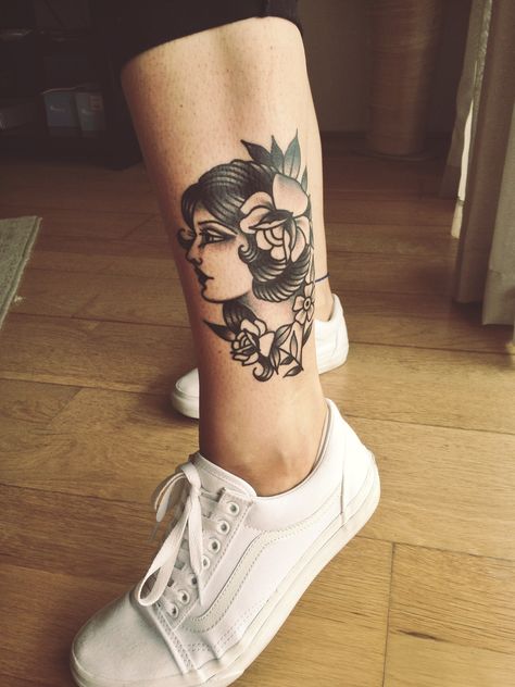 Traditional Woman Tattoo Black, Traditional Face Tattoo Woman, Ankle Tattoos For Women Traditional, Traditional Woman Head Tattoo, Line Art Tattoo Woman, Line Art Tattoo Woman Face, Traditional Ankle Tattoo, Traditional Girl Tattoo, Traditional Woman Tattoo