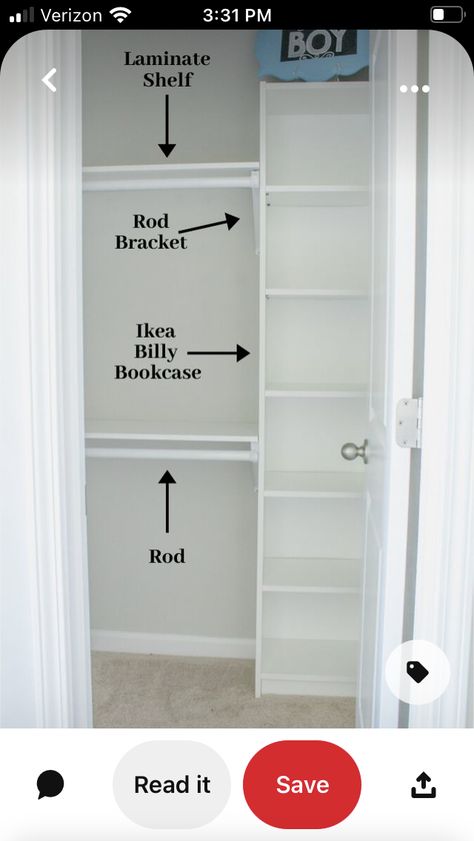 Closet Small Ideas, Billy Bookcase Closet Ideas, Shallow Closet Organization, Single Closet Organization, Single Door Closet Organization, Closetmaid Ideas Layout, Billy Bookcase Closet, Closet Organization Ideas Small Bedrooms, Very Small Closet Ideas Bedrooms