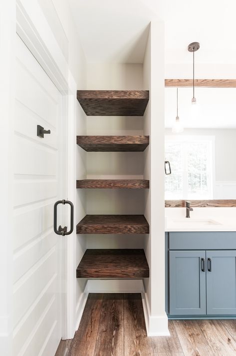 Open Bathroom Storage Shelves, Diy Open Shelving Bathroom, Bathroom Open Closet Shelving, Open Bathroom Storage Ideas, Bathroom Open Storage Shelves, Bathroom Closet Floating Shelves, Open Shelving In The Bathroom, Open Shelving Master Bath, Open Wooden Shelves Bathroom