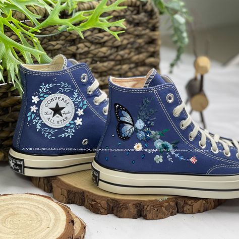 🌿 Love Embroidered Converse 🌿 ❤️ About Our Products: Each pair of shoes from our store is brand new and hand-embroidered to order. Please ensure you select the correct shoe size before checkout. The embroidery is durable and won't fade over time. ✨ Personal Expression: Showcase your unique style with custom embroidery! Contact me to create your own embroidered shoes with a private listing. I'll send you the design for approval before embroidering the shoes. Alternatively, you can design your p Cute Converse Shoes High Tops, Unique Shoes Women, Converse Butterfly, Converse Custom Ideas, Butterfly Converse, Embroidered Converse High Tops, Butterfly Sneakers, Butterfly Things, Unique Converse