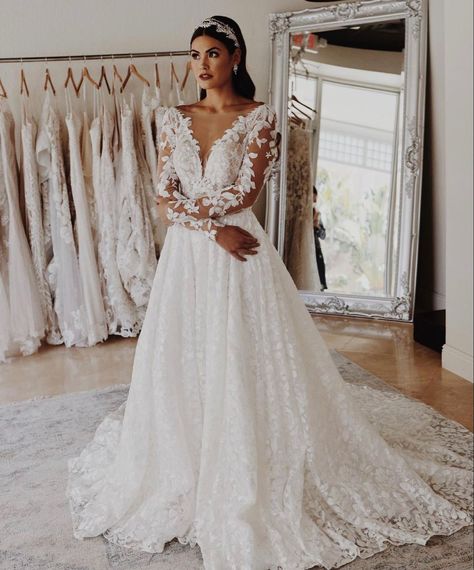 Beautiful brides, do you dream of feeling like true queens on your special day? Then don't miss the unique opportunity to choose your perfect wedding dress! We offer you a wide range of designs that can be tailored to your measurements or selected from our ready-made options. Feel unique and elegant - head over to our Instagram right now to pick your dream dress! ✨ Wedding Dress Aline Long Sleeve, October Wedding Dresses Long Sleeve, Long Sleeve Wedding Dress Big Bust, Bridal Long Sleeve Dresses, October Bride Wedding Dresses, Wedding Dresses For September Brides, Lace Top Wedding Dress With Sleeves, Float Long Sleeve Wedding Dress, Deep V Neck Wedding Dress With Sleeves