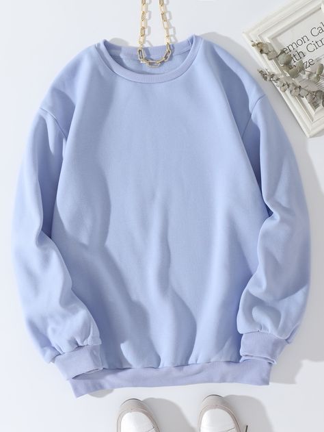 Solid Drop Shoulder Thermal Lined Sweatshirt | SHEIN USA Blue Lilac, Looks Street Style, Round Neck Sweatshirts, Round Neck Sweaters, Loose Tops, Brown Fashion, Casual Fits, Denim Women, Women Long Sleeve