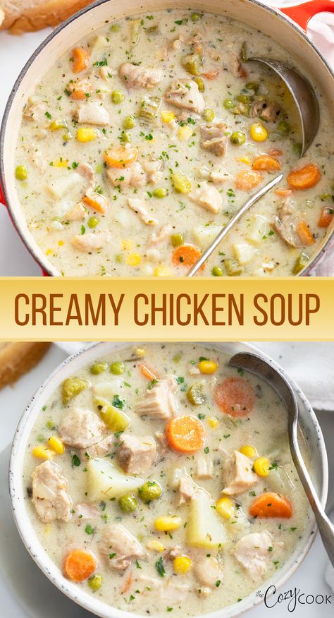 creamy chicken soup with a mix of vegetables and chunks of chicken Potatoes And Chicken, Rotisserie Chicken Soup, Creamy Chicken Stew, Chicken Soup Crockpot, Chicken Potato Soup, Easy Diner, Chicken Soup Recipes Homemade, Chicken Vegetable Soup Recipes, Creamy Soup Recipes