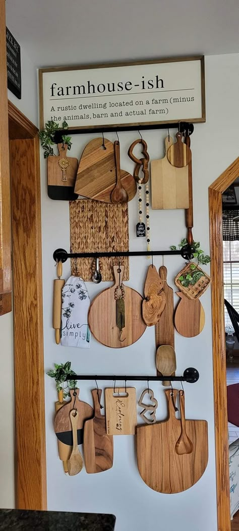 Bread Board Wall, Barndominium Kitchen, Kitchen Neutral, Nest Ideas, Kitchen Gallery Wall, Redecorating Ideas, Kitchen Things, Board Wall, Empty Nest