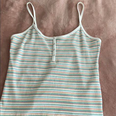 Levi’s Striped Tank Top With Buttons. Strips Are Blue, Orange, White, And Slightly Off White. Never Worn Will Ship In One Day Cute Summer Tank Tops, Clothes From The 80s, Striped Tank Top Outfit, 80's Clothes, 80s Tops, Goodwill Bins, Tank Top With Buttons, Baggy Shirts, Tove Lo