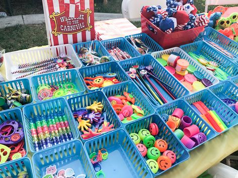 Prize Station Ideas, Carnival Prizes Ideas For Adults, Prizes For Carnival Games, Dollar Tree Carnival Party, Carnival Vendor Ideas, Prize Board Ideas, Summer Carnival Ideas, Carnival Prize Booth Set Up, Carnival Party Favor Ideas