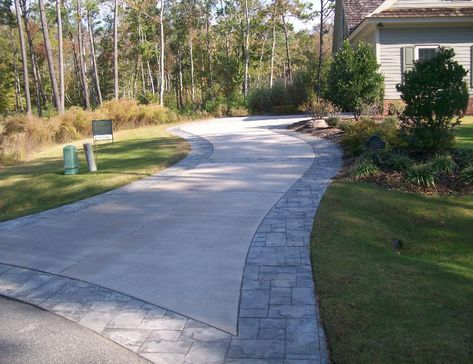 stamped concrete border driveway Stamped Concrete Border Patio, Concrete Driveway With Border, Stamped Concrete Driveway Border, Stamped Concrete Driveway Ideas Patterns, Concrete Driveway With Paver Border, Concrete Driveways Ideas Cement, Concrete And Paver Driveway, Driveway To Patio Transition, Concrete Patio With Paver Border