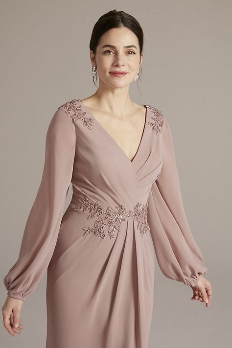 Occasion Dresses - Oleg Cassini Embellished Chiffon Gown with Long Sleeves Style # WBM2815 – View Image 3 Bride Dress Plus Size, Long Party Gowns, Prom Dresses Sparkly, Sukienki Plus Size, Classy Gowns, Sparkly Prom Dresses, Floral Prom Dresses, Plus Size Elegant, Mother Of The Bride Gown