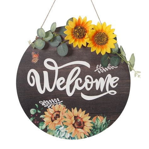 Welcome Wall Hanging, Sunflower Welcome Sign, Paint Peeling, Welcome Wall, Door Signs Diy, Wood Wreath, Welcome To My House, Round Wood Sign, Farmhouse Porch