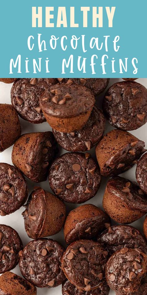 These easy healthy chocolate mini muffins are great for kids! They’re made with greek yogurt and have double the chocolate! Healthy Mini Muffins Clean Eating, Healthy Chocolate Muffins Easy, Healthy Chocolate Protein Muffins, Healthy Breakfast Mini Muffins, Healthy Chocolate Mini Muffins, Yogurt Muffins Toddler, Healthy Brownie Muffins, Healthier Snacks For Kids, Healthy Cupcake Recipes For Kids