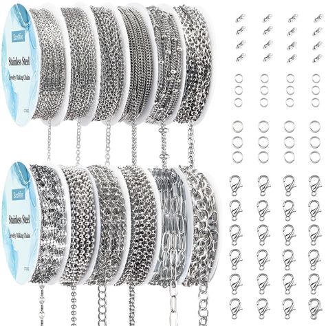 PRICES MAY VARY. Package Includes: 95.1 feet 12 rolls stainless steel necklace chains, with 100pcs 5mm stainless steel jump rings,100pcs 6mm stainless steel jump rings,30pcs stainless steel lobster clasps for decorative chain jewelry making. Complete accessories kit can make many beautiful jewelry chains 12 Different Types: The selection of different styles is very suitable for DIY gift projects such as necklace chains, tassel chain pendants, earrings chains, bracelets chains, body chain jewelry Diy Projects Gifts, Jewelry Chains, Stainless Bracelet, Wholesale Silver Jewelry, Body Chain Jewelry, How To Make Earrings, Stainless Steel Necklace, Steel Jewelry, Bracelet Jewelry