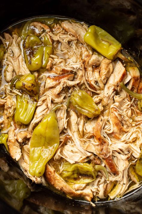 This Mississippi chicken recipe is easy and has very few ingredients! It has a zesty and tangy sauce with pepperoncini peppers. Chicken Recipes Peppers, Pepperoncini Crockpot Chicken, Chicken Ranch Pepperocini Crockpot, Zesty Crockpot Chicken, Chicken Crockpot Recipes Low Sodium, Pepperoni Chicken Crockpot, Pepperoncini Chicken Tipsy Housewife, Mississippi Mud Chicken Thighs, Chicken And Hot Pepper Recipes