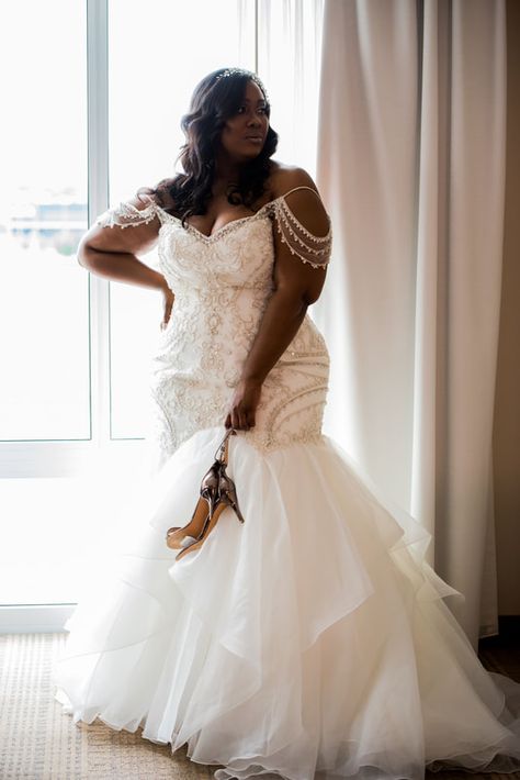 This fit and flare wedding dress OMG 😍 gorgeous bride! Brinkley Lynette by Maggie Sottero Curvy bride, plus sized bridal gown, sleeveless wedding dress with straps, mermaid style wedding dress, plus sized bride, plunge style wedding dress, bridal gown, black bride, best wedding dresses Mermaid Wedding Dress Black Bride Plus Size, White And Gold Wedding Dress Plus Size, Plus Size Brides Beach, African American Plus Size Wedding Dress, Plus Size Wedding Dresses For Black Women, Beaded Wedding Dress Plus Size, Black Brides Wedding Dresses, Plus Size Bride Black Women, Plus Size Bride Black