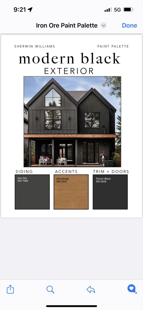 Chelsea Houska House Exterior, Modern Dark Grey House Exterior, Charcoal Exterior Paint Colors For House, Dark Grey Outdoor House Paint, Black Stain Brick Exterior, Black Double Wide Exterior, Creme And Black House Exterior, Dark Modern Barndominium, Dark Exterior Cabin Colors