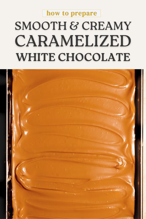 In this easy baking tutorial, I will guide you to prepare smooth and creamy caramelized white chocolate. With my in-depth explanation and success tips you will not only be able to caramelise white chocolate in no time and use them in endless baking recipes but also enjoy turning white chocolate into a toasty & caramel-like chocolate. Read the entire blog post here - https://thelaughingbutter.com/how-to-make-caramelized-white-chocolate/ Caramelized White Chocolate, White Chocolate Recipes, Christmas Baking Recipes, Baking 101, White Chocolate Cookies, White Chicks, Baking Basics, Baking Tutorial, Dessert Toppings