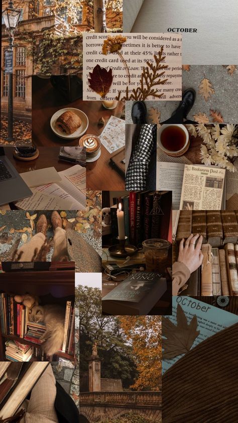 #autumn #fall #october Dark Fall Academia Aesthetic, Autumn Photo Collage, Autumn Academia Aesthetic Wallpaper, Books Autumn Aesthetic, Autumn Books Aesthetic, October Background, Autumn Profile, Autumn Mood Board, October Moodboard