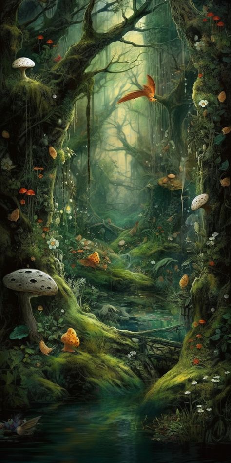 Forest Fairies Aesthetic, Enchanted Forest Astetic, Fairies In Forest, Fairy Realm Fantasy Art, Mystical Garden Magical Forest, Mystical Nature Art, Mythical Mushroom Forest, Fairy Woods Mystical Forest, Mystical Forest Creatures