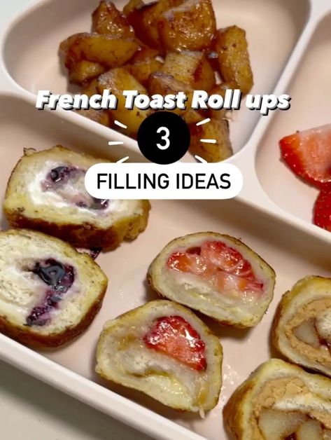 French Toast Blw, Toddler Roll Ups, Strawberry Roll Ups, Led Weaning Recipes, Toast Roll Ups, Baby Food Guide, Cream Cheese Roll Up, Stuffed French Toast Cream Cheese, Banana Roll