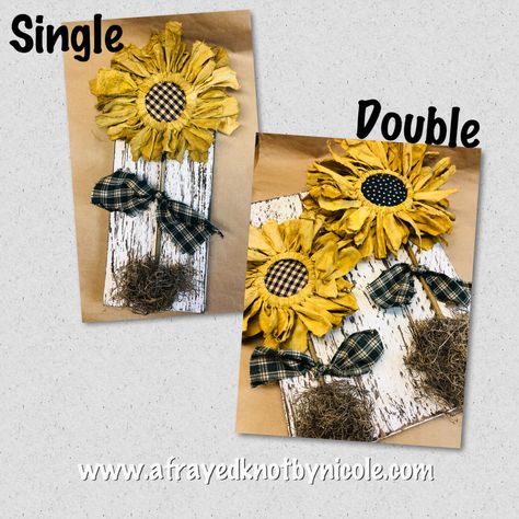 Easy No Sew DIY Primitive Sunflowers - A Frayed Knot How To Make Rag Sunflowers, Mason Jar Lid Fabric Flowers, Mason Jar Lid Sunflowers, Sunflowers Diy Crafts, Fabric Sunflowers Diy, Canning Lid Flowers, Sunflower Diy Decor, Fabric Sunflowers How To Make, Sunflower Crafts Diy