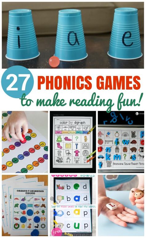 27 Phonics Games that make reading fun! Kids will love these fun hands-on phonics games that teach letter sounds, digraphs, letter blends, vowel sounds, and more! #playdoughtoplato #phonicsgames #teachingreading Making Phonics Fun, Multisensory Phonics Activities, Hands On Literacy Centers Kindergarten, Phonics Activities Preschool, Reading Games For Kindergarten, Teach Letter Sounds, Fun Phonics Activities, Make Reading Fun, Preschool Phonics