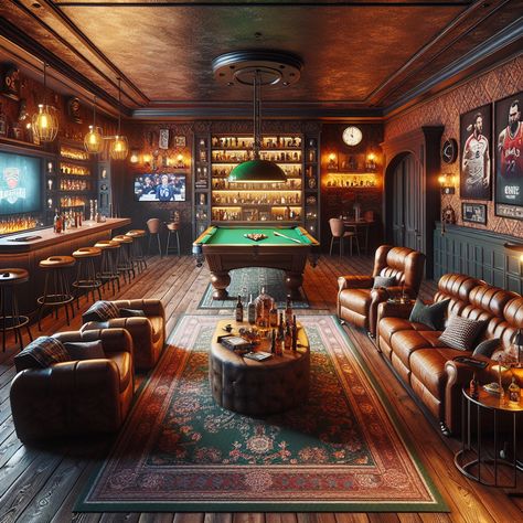 Experience cozy luxury in this spacious man cave. Highlights include a well-stocked bar, a gaming corner, a quiet reading nook, a pool table, and a viewing area with plush leather recliners around a large flatscreen TV. The room is painted in warm, dark tones for a relaxed vibe. #LuxuryManCave #GameRoom #HomeBar #PoolTable #HomeTheater #BookNook Home Bar With Pool Table, Gaming Library Room, Bar Games Room, Man Cave With Bar, Stone Fireplace Rustic, Luxury Man Cave, Man Cave Tv Room, Pool Table Room Ideas, Rustic Brick Wall