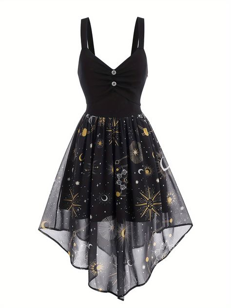 Moon Sun Star, Vestidos Pin Up, Vintage Dresses Cheap, Galaxy Dress, Layered Cami, Button Decor, Robes Vintage, Fast Fashion Brands, Pin Up Dresses