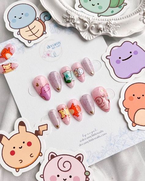 Cute Pokemon Nails, Ditto Nails Pokemon, Japanese Inspired Nail Art, Ditto Nails, Pokemon Nails Designs, Pokemon Nail Art, Pokemon Nails, Pale Nails, Disney Painting