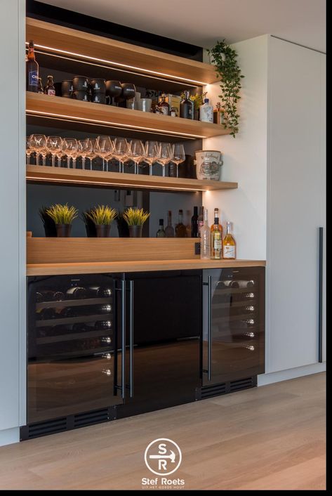 Home Bar Areas, Home Bar Cabinet, Home Bar Rooms, Modern Home Bar, Dark Countertops, Home Wine Cellars, Indoor Bar, Cabinets White, Brown Cabinets