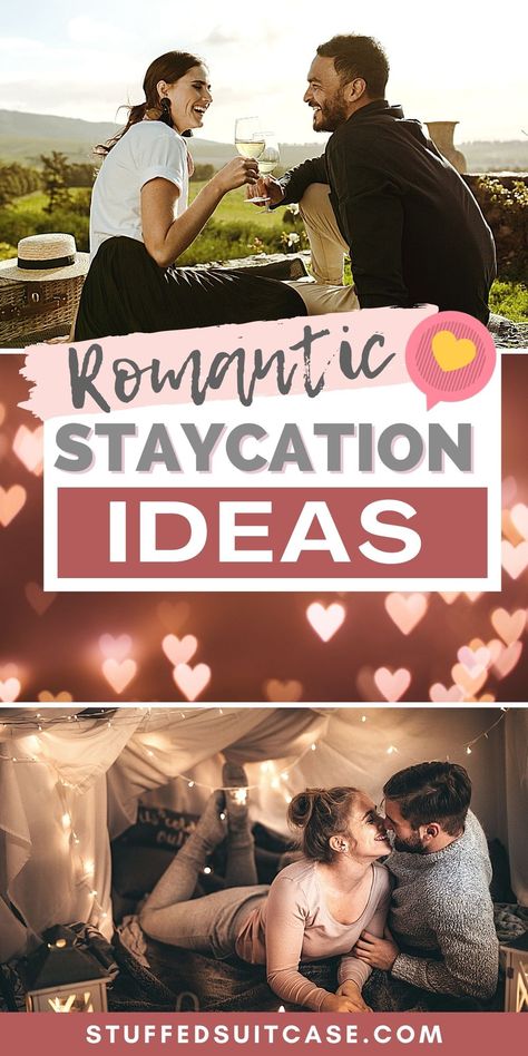 Check out this list of romantic staycation ideas for couples. Great for planning a staycation at home or at a local hotel. Great ideas for a romantic date night, too! Date Night Fort Romantic, Couples Hotel Night Ideas, Hotel Date Night Ideas Couple, Hotel Date Night, Couple Hobbies, Romantic Staycation Ideas, Staycation Ideas For Couples, Romantic Movie Night, Winter Dates