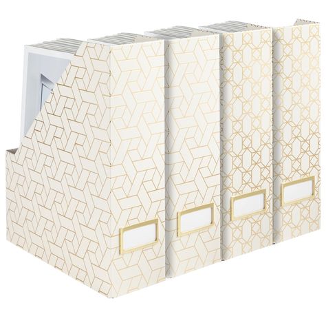 PRICES MAY VARY. Keep your magazines, files, and papers organized with this set of 4 foldable magazine file boxes, featuring a stylish cream color and elegant gold weave pattern with gold label holders for easy identification. These magazine holders are made of sturdy cardboard, providing a durable and lightweight storage solution for your magazines, files, and other paperwork. Their foldable design allows for easy storage when not in use, making them an ideal magazine holder for desk, magazine Magazine Storage Boxes, Amazon Home Office, Lightweight Storage, Gold Desk Accessories, Gold Office Decor, Magazine File Holders, Folder Holder, Magazine Organization, Book Bins