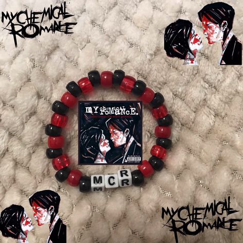 Mcr Bracelet Pattern, Pierce The Veil Kandi Bracelets, Mcr Kandi Bracelets, Emo Bead Bracelets, Goth Kandi Bracelets, Mcr Bracelet Ideas, My Chemical Romance Bracelet, Band Kandi Bracelets, Deftones Bracelet