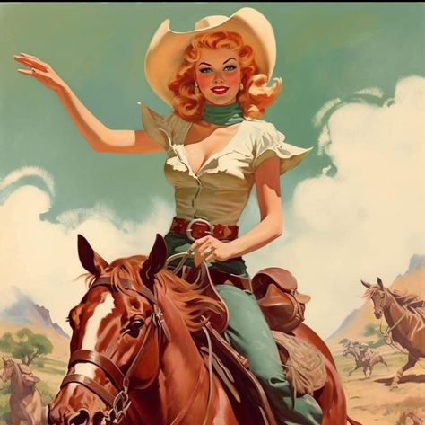 60s Cowgirl, Cowboy Pinup, Retro Cowgirl Aesthetic, 1950s Cowgirl, Vintage Cowgirl Art, Pin Up Cowgirl, Pinup Cowgirl, Cowgirl Pinup, Cosmic Cowgirl