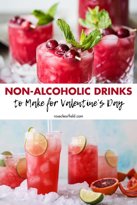 A collection of more than two dozen non-alcoholic drink recipes that are perfect for Valentine's Day! Punch, hot chocolate, virgin cocktails, and much more. #nonalcoholic #virgindrinks #drinkrecipes Valentines Day Virgin Cocktails, Valentines Day Mocktails Non Alcoholic, Valentine’s Day Punch Non Alcoholic, Non Alcoholic Valentines Drinks, Valentines Punch Recipes Non Alcoholic, Red Non Alcoholic Drinks, Valentine’s Day Punch, Valentine Drinks Nonalcoholic, Mocktails Non Alcoholic Valentines Day