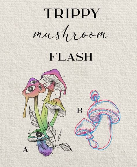 Mushroom Flash Tattoo Simple, Tattoo Mushroom Trippy, Trippy Mushroom Design, Mushroom Flash Art, Trippy Mushroom Tattoo Ideas, Mushroom Tattoos Trippy, Psychadelic Tattoo Ideas, Mushroom Eye Tattoo, Trippy Tattoos Ideas Hippie