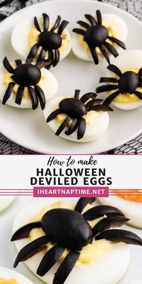 Deviled Eggs With Spiders, Potluck For Halloween, Easy Halloween Orderves, Spider Deviled Eggs Halloween, Halloween Food Ideas For Breakfast, Halloween Hosting Food, Party Sides For A Crowd On A Budget, Easy Halloween Party Food For A Crowd, Halloween Party Dinner Food