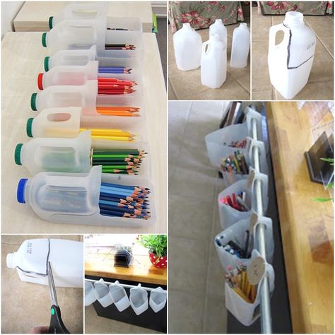 How to DIY Recycled Milk Jug Organizer tutorial and instruction. Follow us: www.facebook.com/fabartdiy Recycler Diy, Plastik Recycling, Upcycle Plastic, Reuse Plastic Bottles, Diy Plastic Bottle, Diy Simple, Plastic Bottle Crafts, Recycled Projects, Diy Recycle