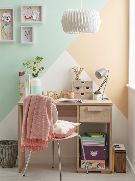 #Colour-blocking is a great way to add interest to a #child's #room, without splashing out on expensive wallpaper designs. For a calming look, choose soft, toning shades; for a bolder scheme, pick out primaries or shocking contrasts. If you're looking for more inspiring #paint #ideas for #kids' #bedrooms, take a look at our feature. Multiple Paint Colors In One Room, Cute Ways To Paint Your Room, Kids Room Color Ideas, Paint Room Ideas Bedrooms, Wallpapers For Rooms Bedrooms, Painting Ideas For Room, Paint Room Ideas, Child Room Ideas, Paint Colour Schemes