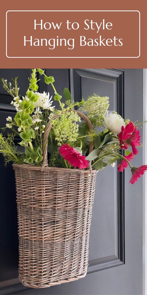 Front Door Hanging Basket Ideas, Hanging Front Door Basket, Hanging Basket Decor Ideas, Front Door Floral Basket, Hanging Baskets Front Door, Hanging Flower Baskets Front Door, Wicker Hanging Basket, Basket For Front Door Decorating Ideas, Wall Wicker Basket Decor