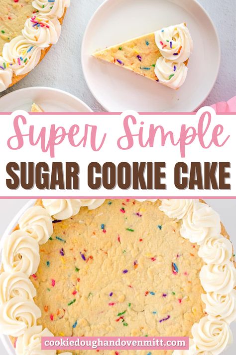 This homemade sugar cookie cake, brimming with sprinkles and crowned with vanilla frosting, is a breeze to make and a hit with kids. Festive and sweet, it combines chewy, sprinkle-filled dough with a rich frosting border for a nostalgic treat that delights without being overwhelming. Best Icing For Cookie Cake, Sugar Cookie Cake Mix Recipe, Mini Cookie Cake Recipe, Frosting For Cookie Cake, Cookie Cake Frosting Recipe, Cookie Cake Icing Recipe, Cookie Cake Frosting, Sprinkle Frosting, Diy Cookie Cake