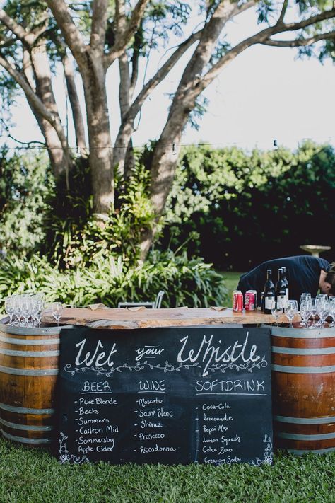 Mango Hill Farm wedding QLD - Luke Going Photography                                                                                                                                                      More Wedding Sign Arrangement, Wine Barrel Bar Wedding, Beer And Wine Wedding Bar Set Up, Diy Wine Barrel Bar, Diy Bar Wedding, Gin Bar Wedding, Wedding Bar Diy, Bar Ideas For Wedding, Bar Arrangement