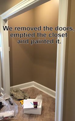 Front Door Closet Makeover, Farmhouse Hall Bathroom Ideas, Turn Closet Into Drop Zone, Mudroom Closet Conversion, Hall Closet Makeover Entryway, Living Room Closet Makeover, Entrance Closet Makeover, Mud Room Closet Organization, Mud Closet Ideas