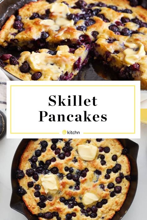 Puff Oven Pancake, Skillet Blueberry Pancake, Giant Oven Baked Pancake, Oven Baked Blueberry Pancake, Fluffy Oven Pancakes, Giant Pancake Recipe, Puffy Oven Pancake, Skillet Pancake Cast Iron, Baked Pancakes Oven Bisquick