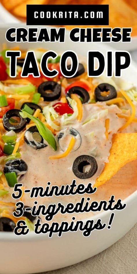 This Taco Dip with cream cheese is a quick, meatless crowd-pleaser! It's ready in just 5 minutes with only 3 main ingredients and your favorite toppings. This kind of dip is perfect for parties, holidays, movie nights, or game-day get-togethers! Taco Dip Recipe With Cream Cheese, Dips To Go With Taco Bar, 3 Ingredient Taco Dip, No Meat Taco Dip, Dips To Go With Tacos, Easy Shareable Dips, Recipe For Taco Dip, No Bake Taco Dip, Taco Cream Cheese Dip