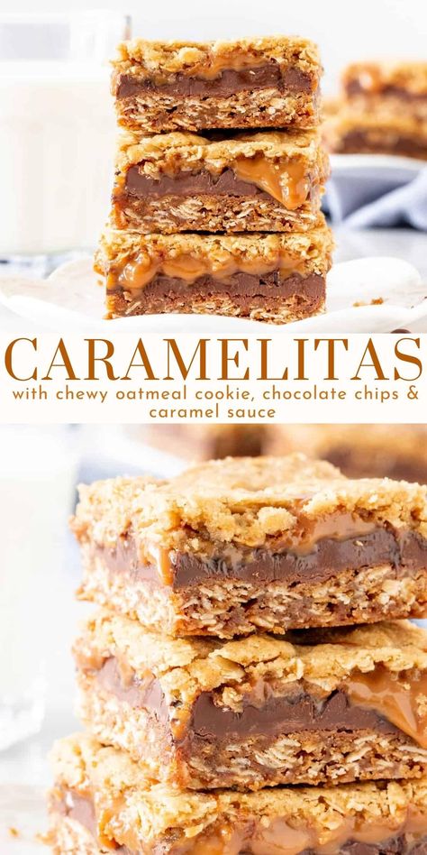 Carmel Desserts, Carmelitas Recipe, Cookie Squares, Chewy Oatmeal Cookie, Oatmeal Cookie Dough, Caramel Oatmeal, Desert Bars, Bar Treats, Caramel Cookies Bars