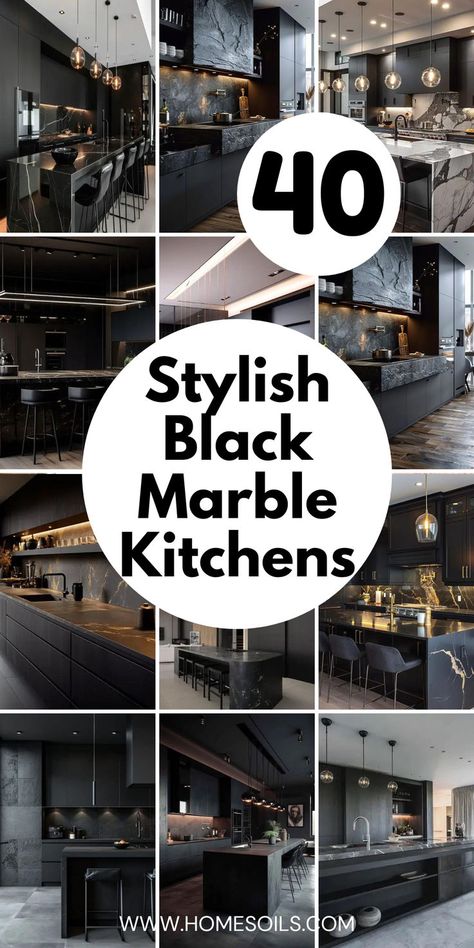 Discover 40 stylish black marble kitchen designs that exude elegance and luxury. From countertops to backsplashes, these kitchens feature bold black marble accents that create a sleek, modern aesthetic. Click here for design inspiration and tips to elevate your kitchen with black marble! Black Marble Countertops With White Cabinets, Black And White Marble Backsplash, Black Gold Quartz Countertops, Small Modern Black Kitchen, Black Kitchen Cabinets With Marble Countertops, Black Kitchen Countertops And Backsplash, Black Granite Kitchen Island, Kitchen Island Black Countertops, Kitchen Design With Black Countertop