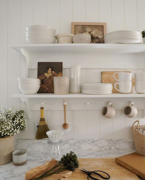 Emily Faith on Instagram: “We did a little kitchen reno and I’m so happy with the outcome. The hero of these shelves are my @dinewithfable dishes and I’m in love with…” Emily Faith, Peg Shelf, Rental Kitchen Makeover, Kitchen Floating Shelves, Kitchen Vignettes, Casual Kitchen, Bookshelves In Bedroom, Affordable Kitchen, Kitchen Shelf Decor