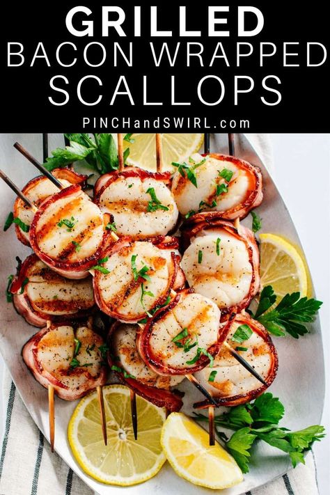 Scallop Kabobs On The Grill, Scallop Recipes Grilled, Bbq Scallops Recipes, Bacon Wrapped Scallops Grilled, Grilled Scallop Recipes, Scallops On The Grill, Grill Scallops, Scallops Grilled, Bbq Scallops